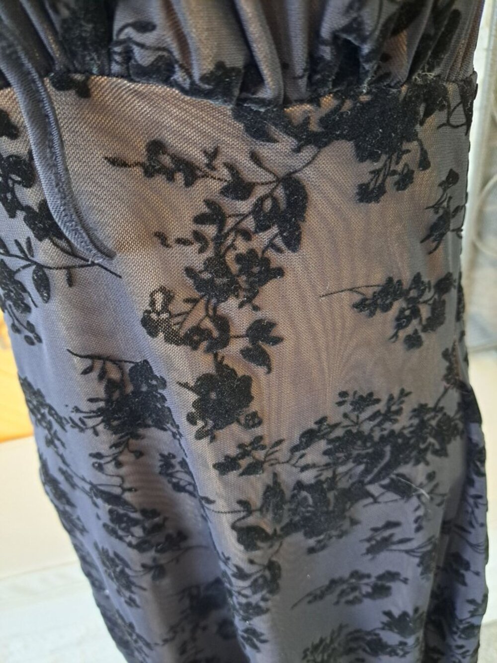 Y2K Velvet Burnout Milkmaid Floral Black Mini Dress  Adjustable Ruffle Medium - Picture 3 of 10